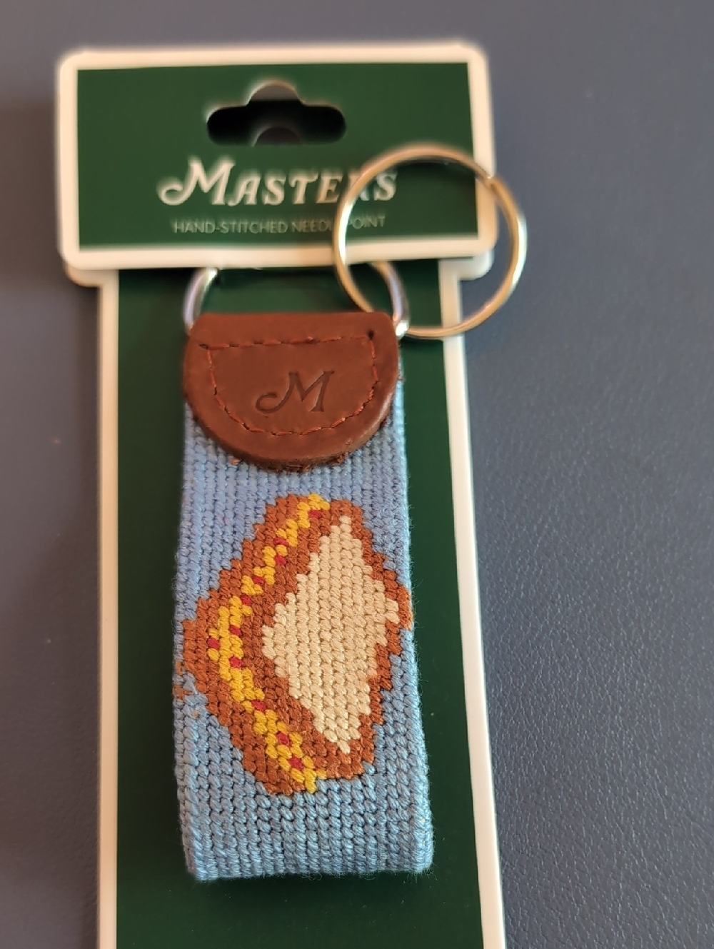 Masters Blue Needlepooint Hand Stitched Key Fob with Pimento Cheese Augusta